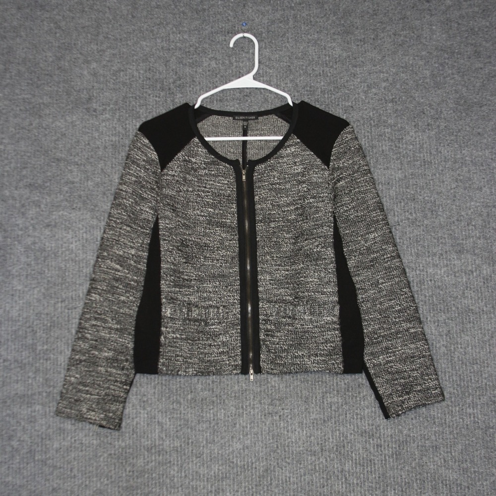 Eileen Fisher Full Zip Moto Jacket Womens M Black Grey Tweed‎ Italian Fabric